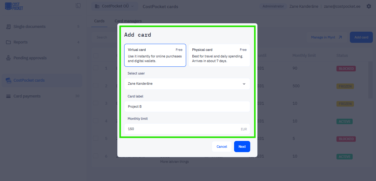 Confirming a new company card in CostPocket