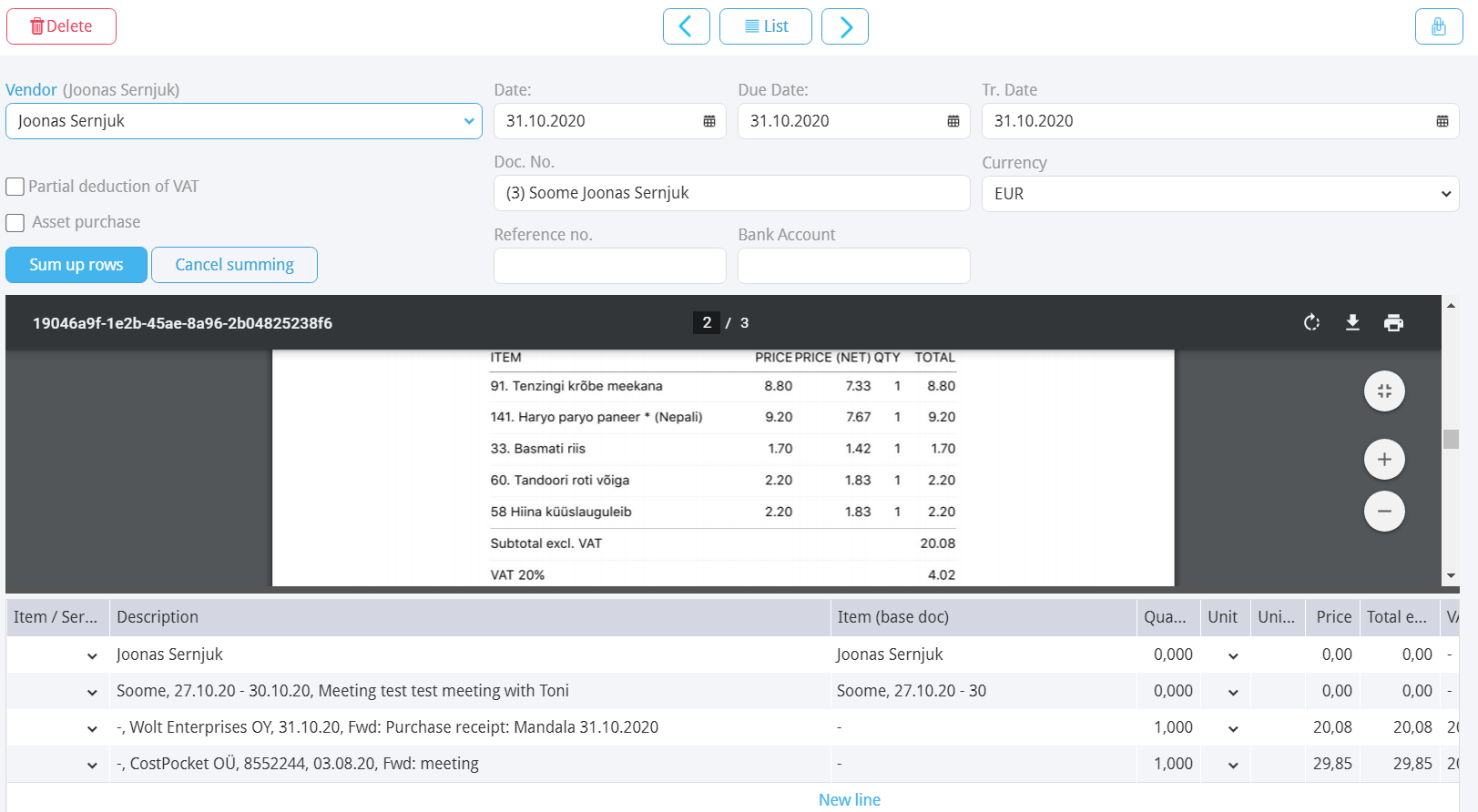 View of a document in Merit submitted from CostPocket