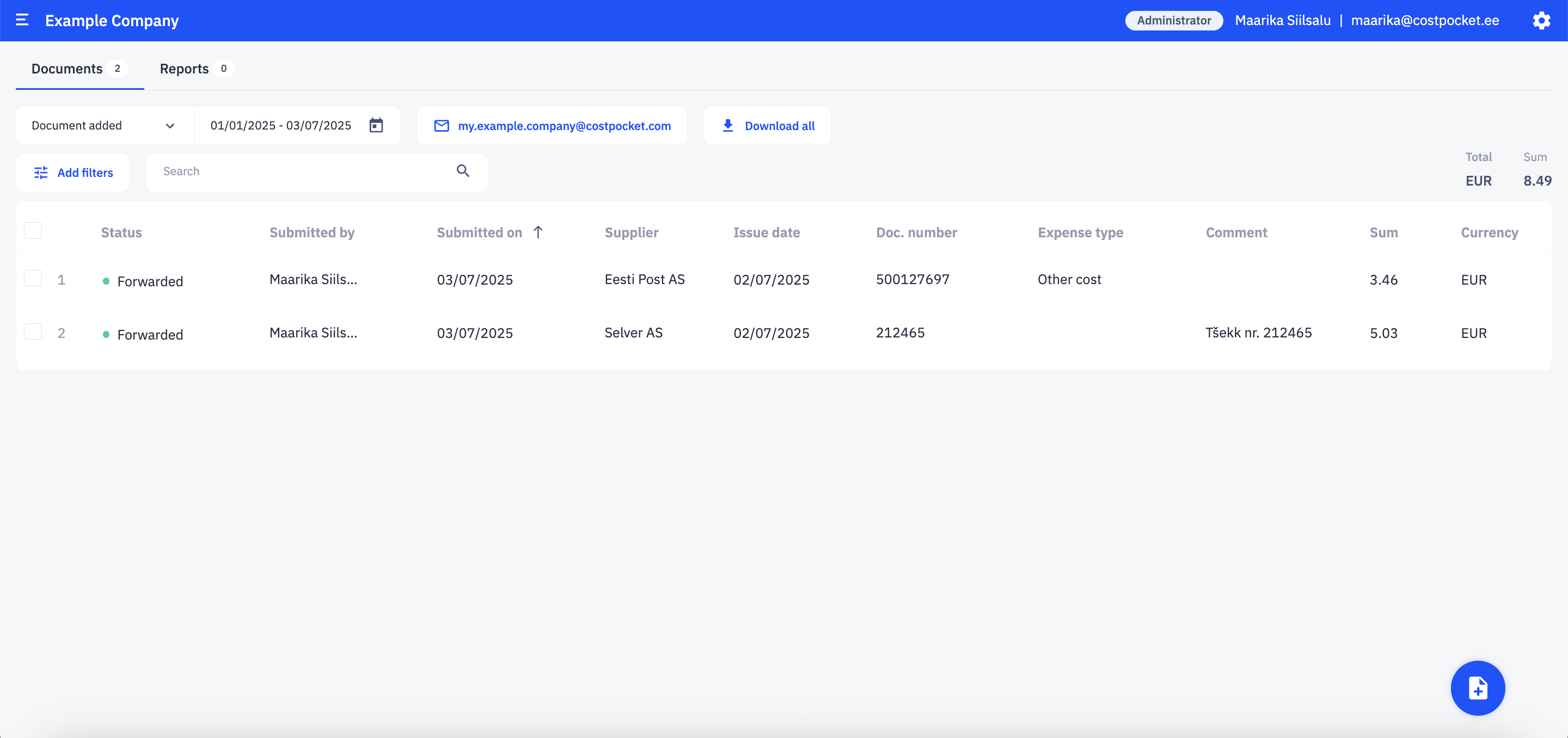 CostPocket Cloud desktop view with a list of submitted documents for review