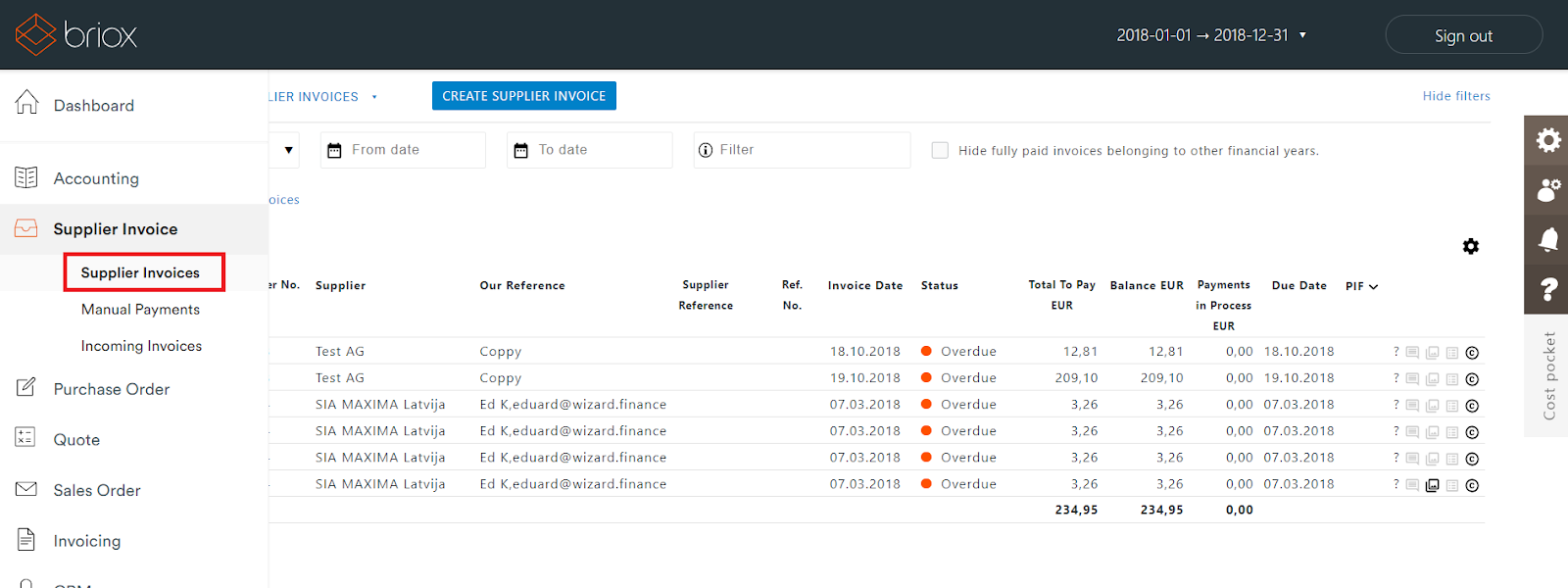 Supplier invoices list in Briox showing documents received from CostPocket