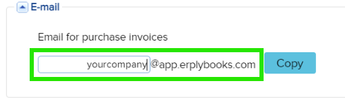 ERPLY Books configuration page showing the organisation's email address with a Copy button