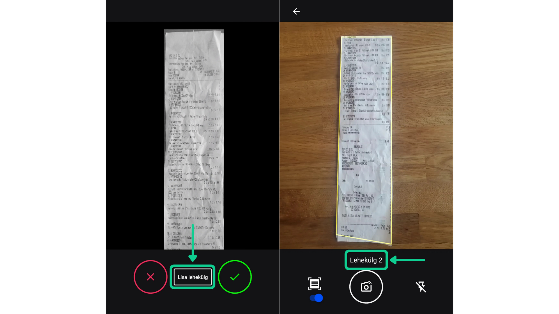 Mitmeleheküljelise dokumendi pildistamine CostPocketi äpis.