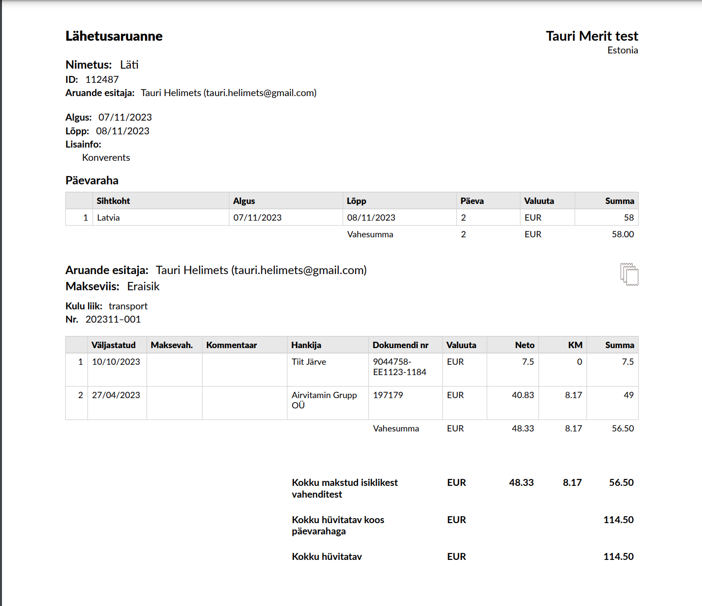 Lähetusaruande koostamine