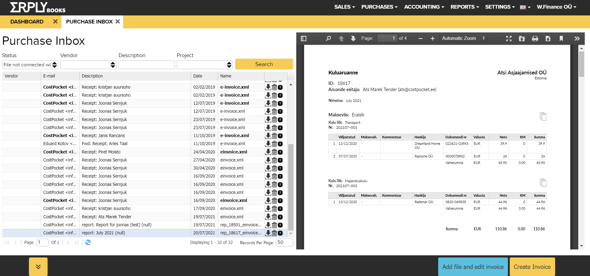 Purchase Inbox in ERPLY Books listing documents received from CostPocket with Create Invoice button