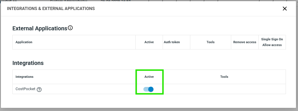 Briox settings with the CostPocket integration slider turned on