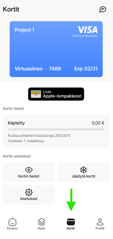 Kortin asetukset