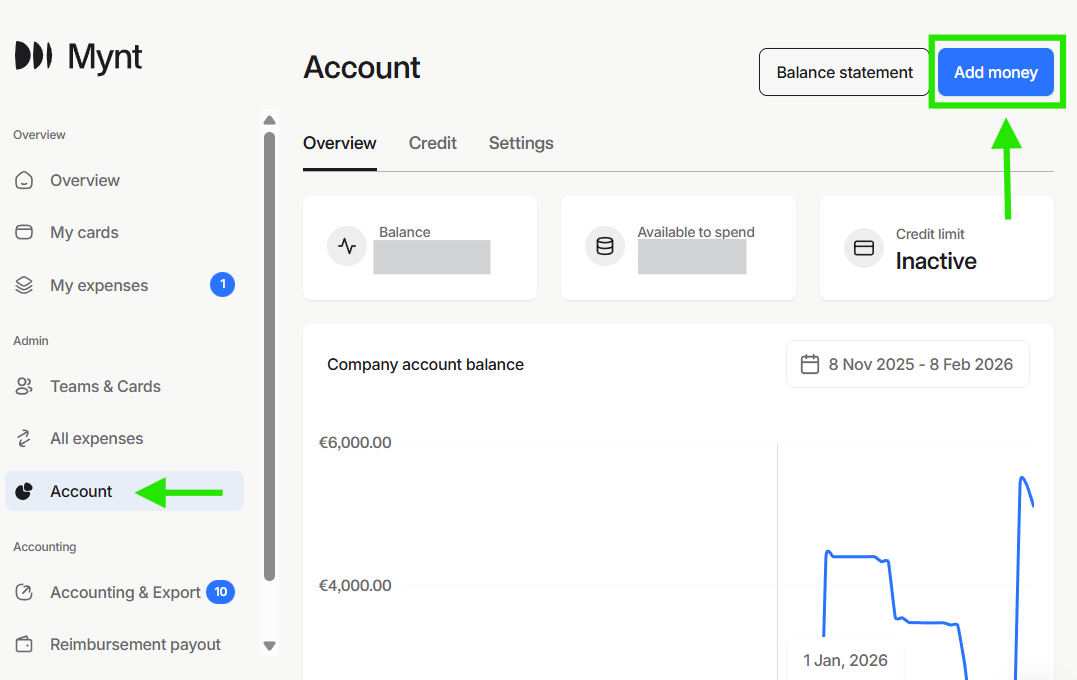 Add Money screen in Mynt with bank transfer payment instructions