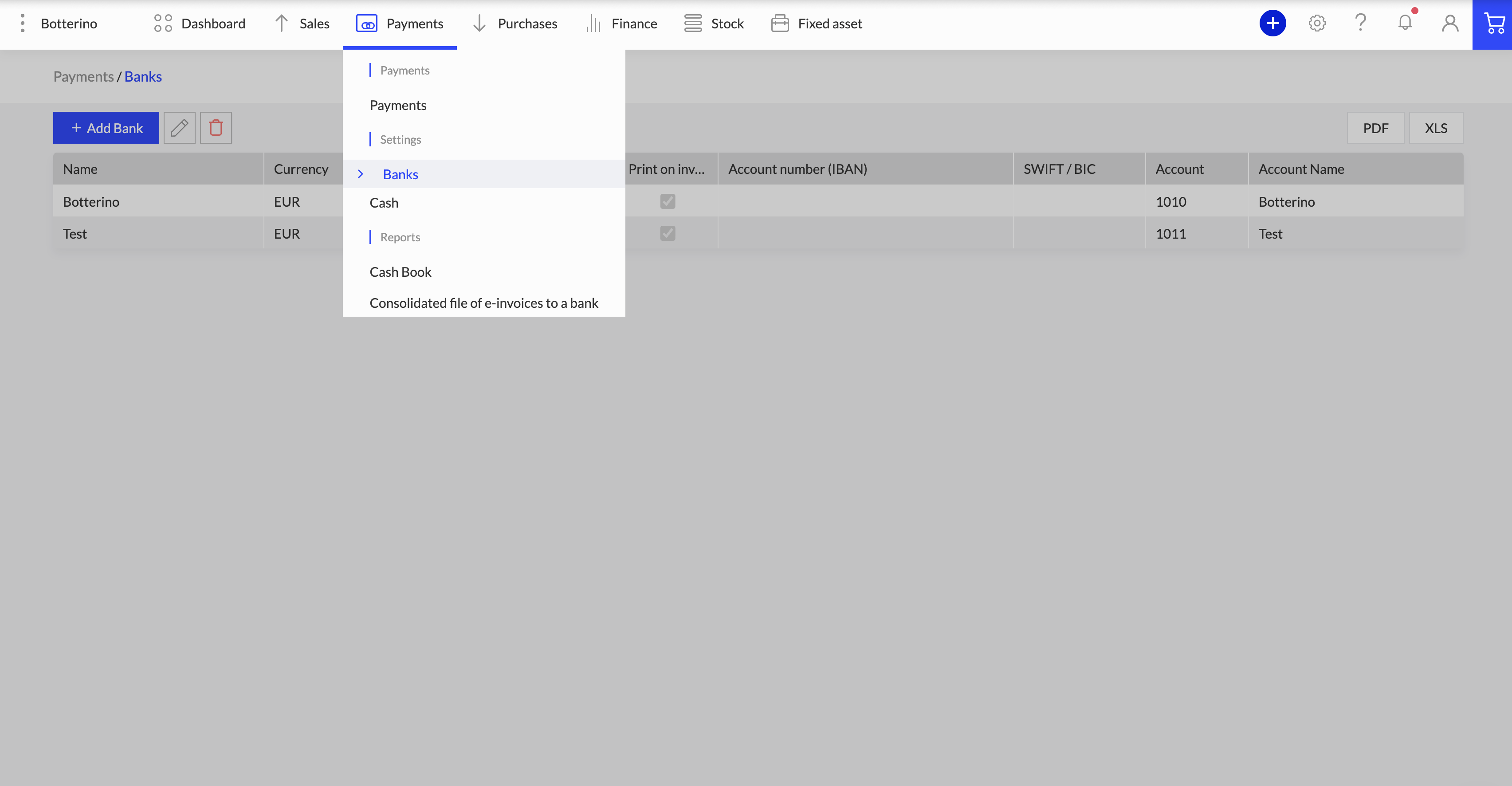 Navigation to add a CostPocket Cards bank account in Merit Aktiva
