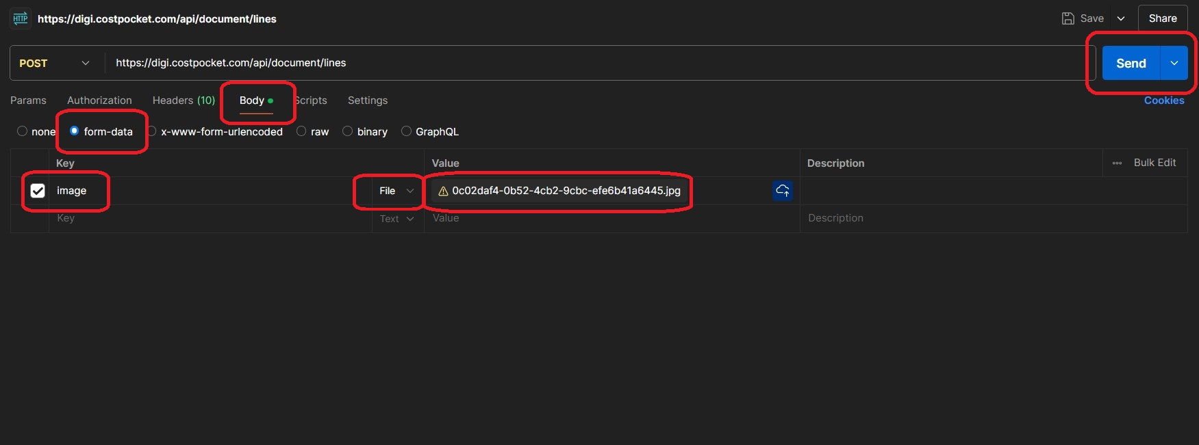 Postman body tab with form-data, key image, and an uploaded file