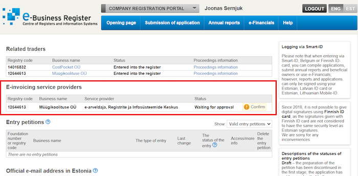RIK Company Registration Portal screen for confirming the e-invoicing service provider