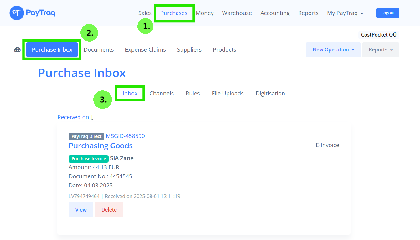 PayTraq Purchase Inbox listing documents received from CostPocket