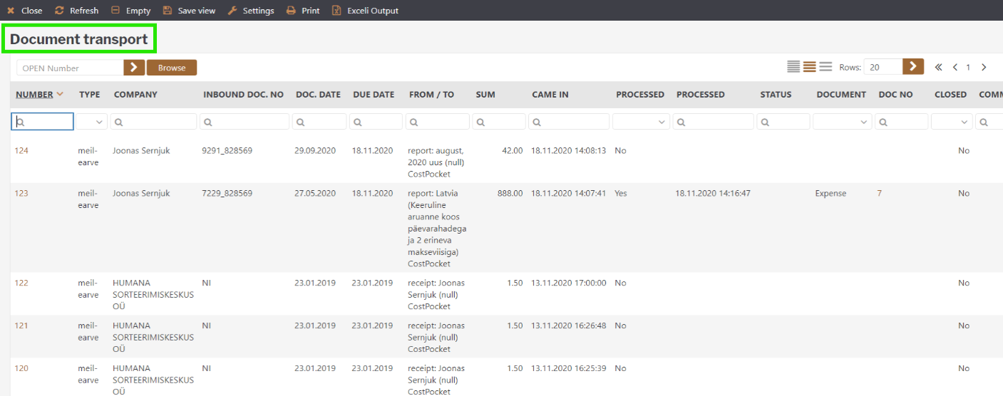 Document transport section in Directo listing documents received from CostPocket