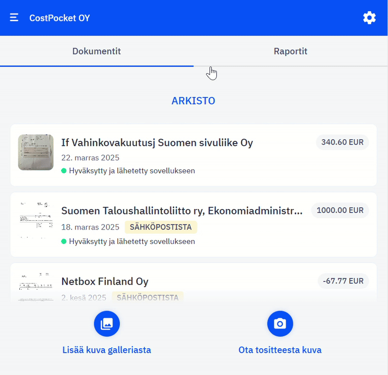 Matka- ja kuluraporttien lähettäminen