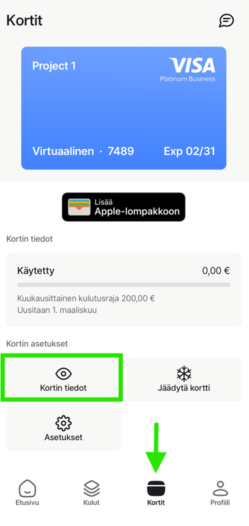 Kortin tiedot