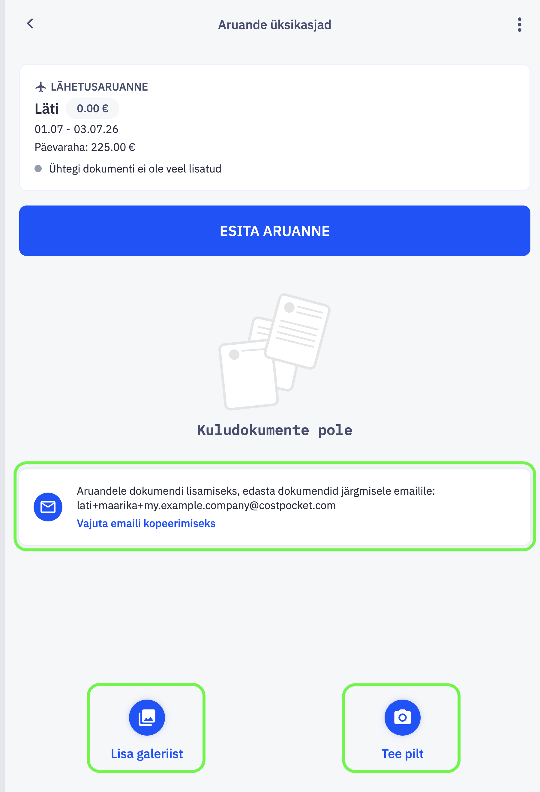 CostPocketis lähetusaruandesse kuludokumentide lisamise viisid.