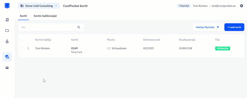 Aktivoi CostPocket-yrityskortit