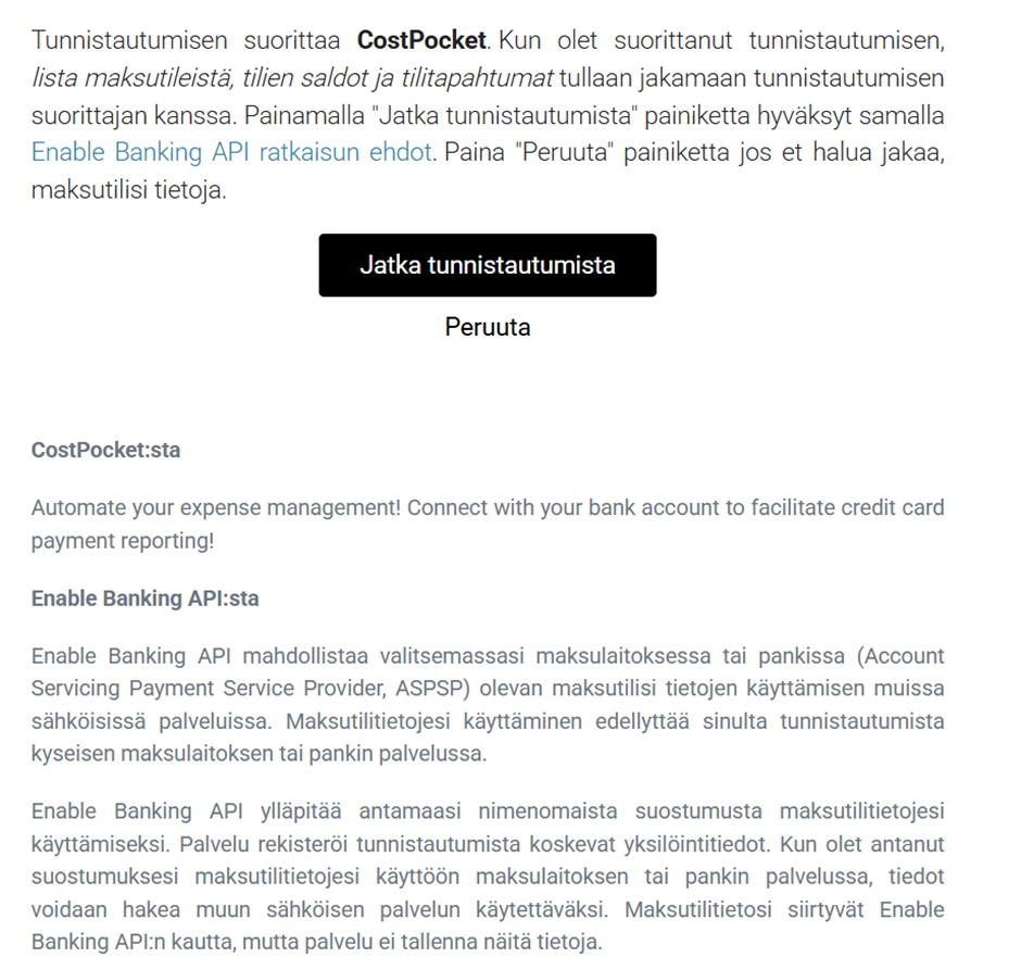 Korttitapahtumien yhdistäminen CostPocketiin