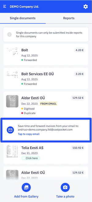 CostPocket settings showing the user's dedicated email address for document submission
