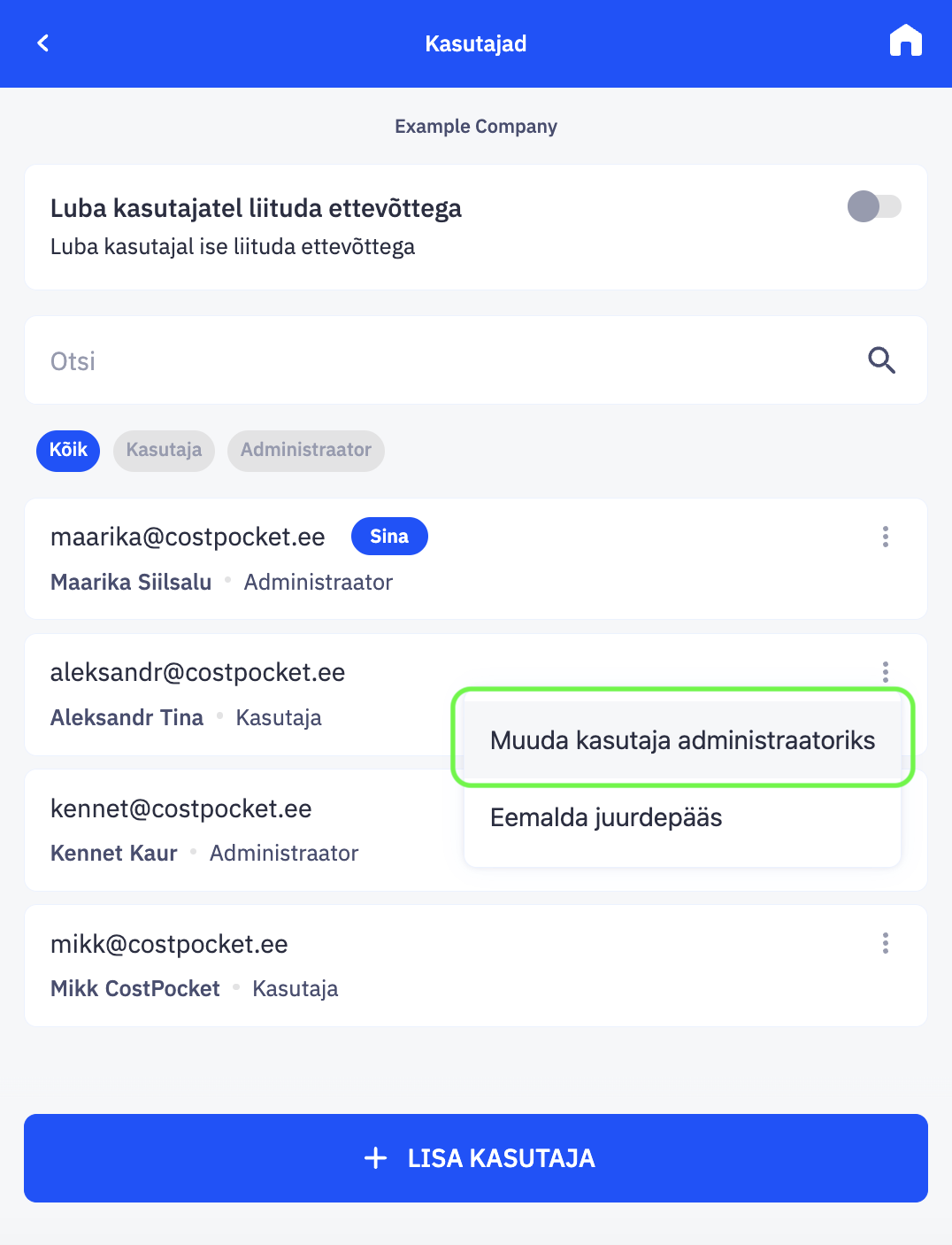 Tavakasutaja administraatorkasutajaks määramine CostPocketis.