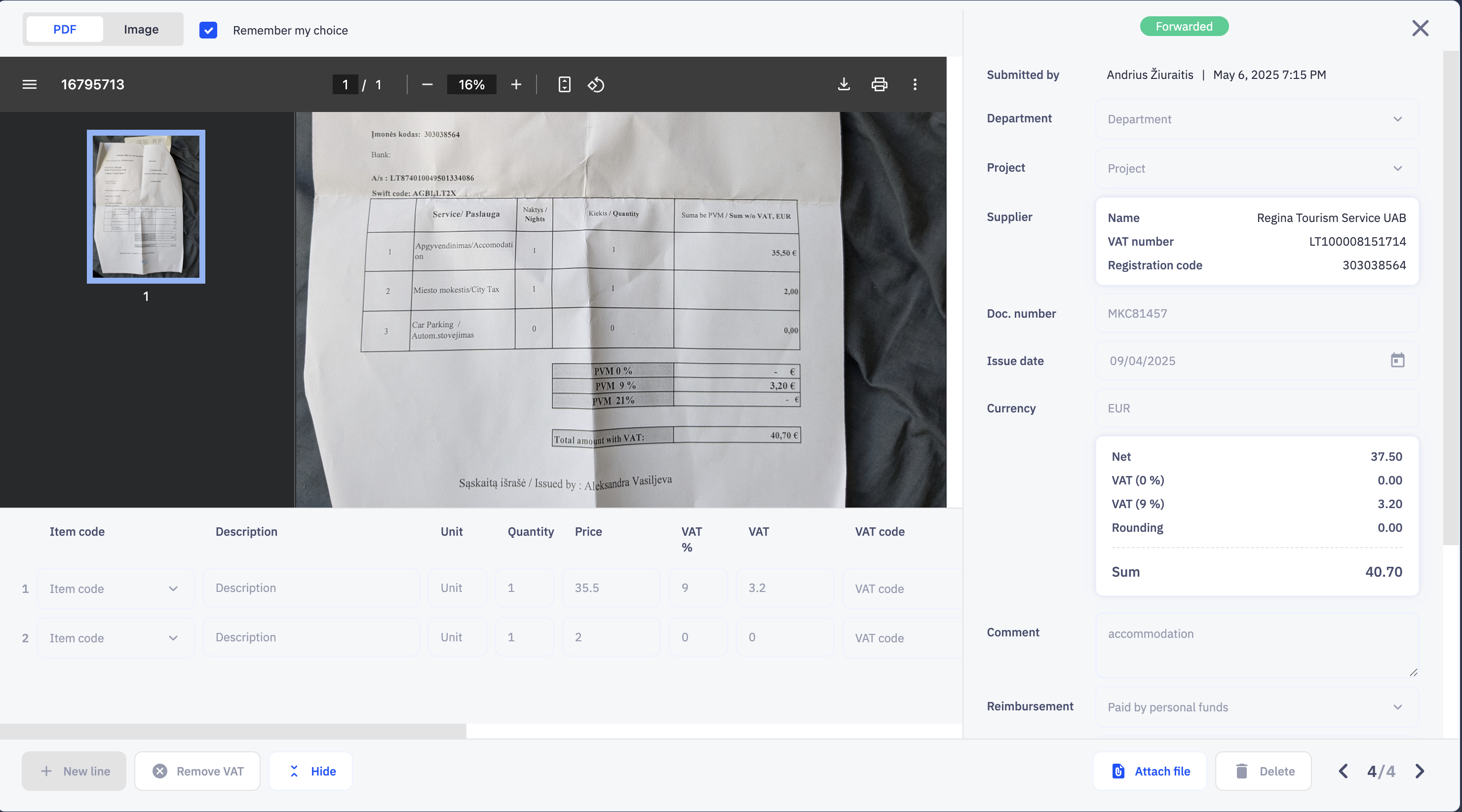 CostPocket app showing a photographed invoice with automatically extracted expense data
