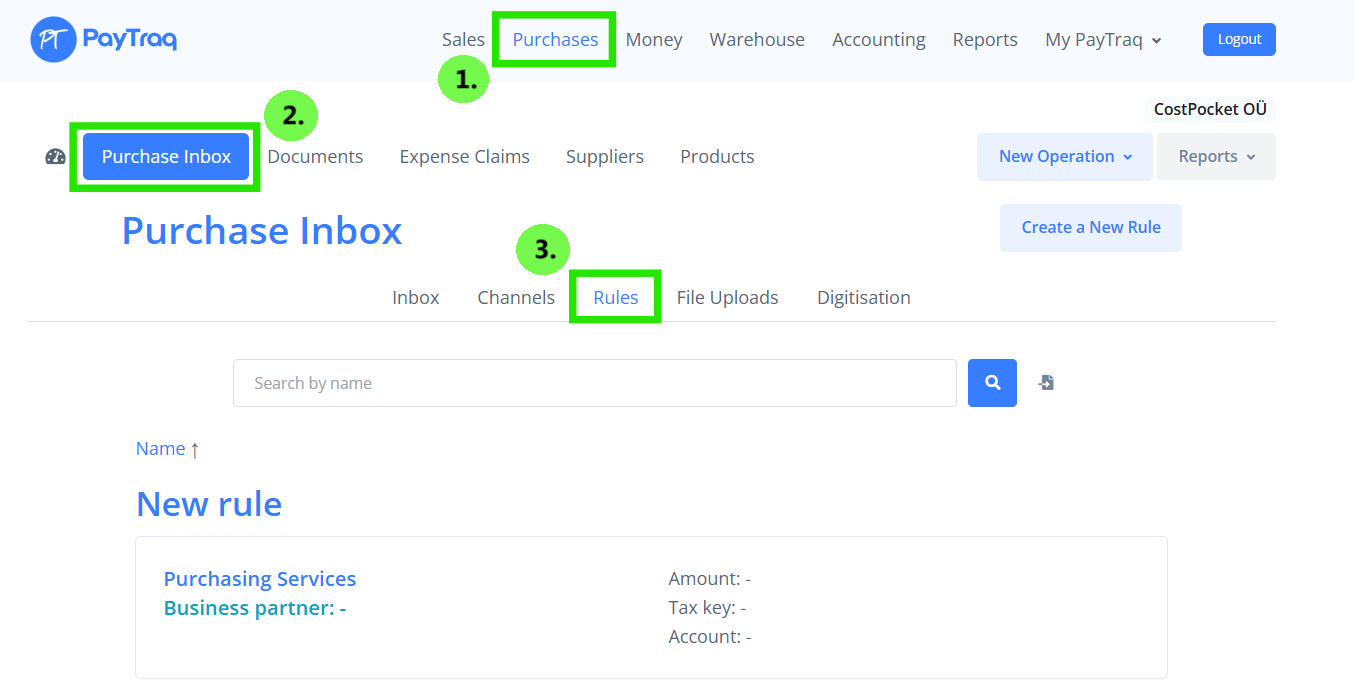 Purchase Inbox rules in PayTraq mapping CostPocket expense categories to accounts