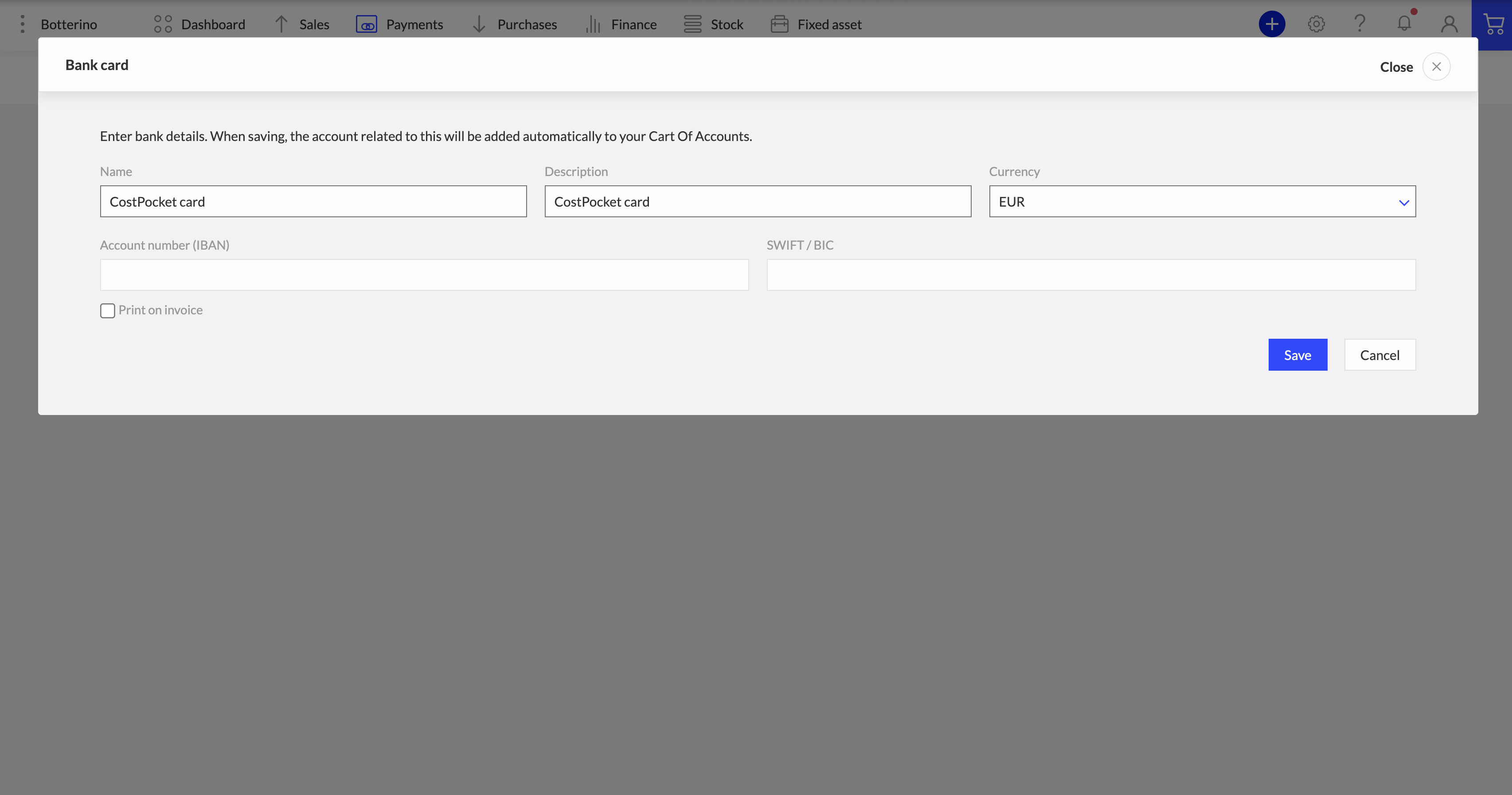 Adding a CostPocket Cards bank account in Merit Aktiva with Print on invoice unticked