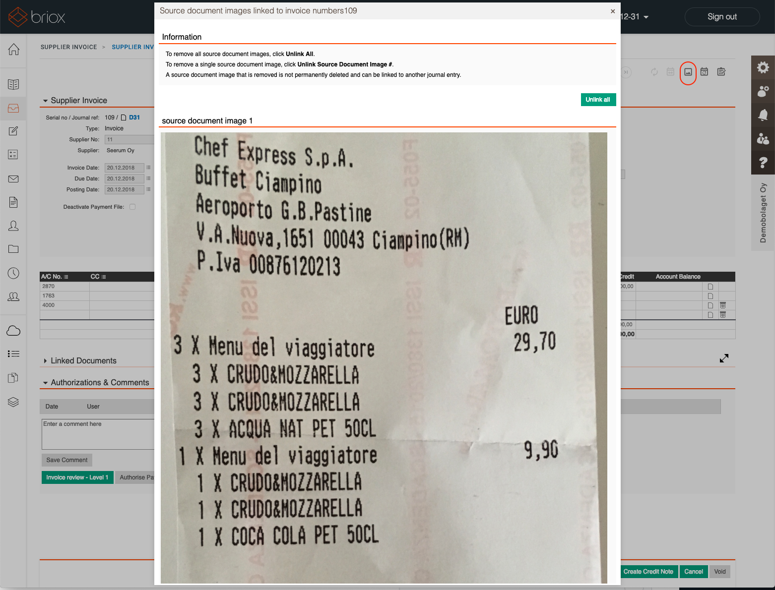 Example of an expense document in Briox submitted from CostPocket