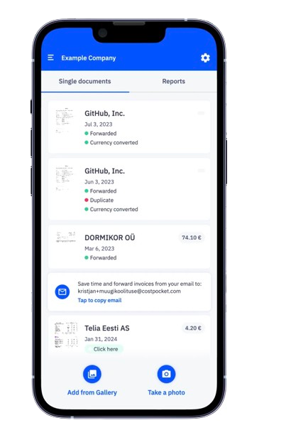 CostPocket mobile app home screen showing a user's submitted expense documents