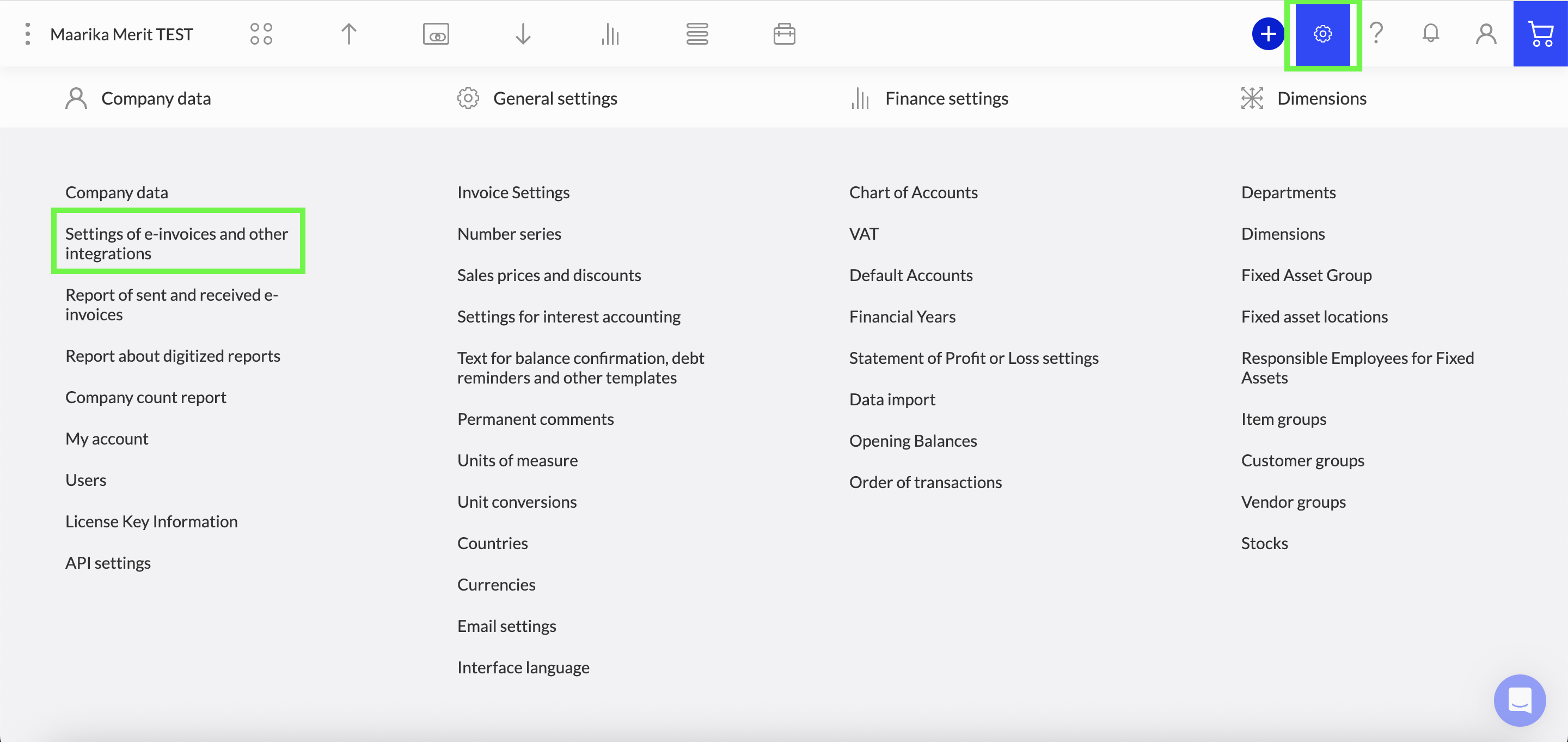 Merit Aktiva settings page for e-invoices and other integrations