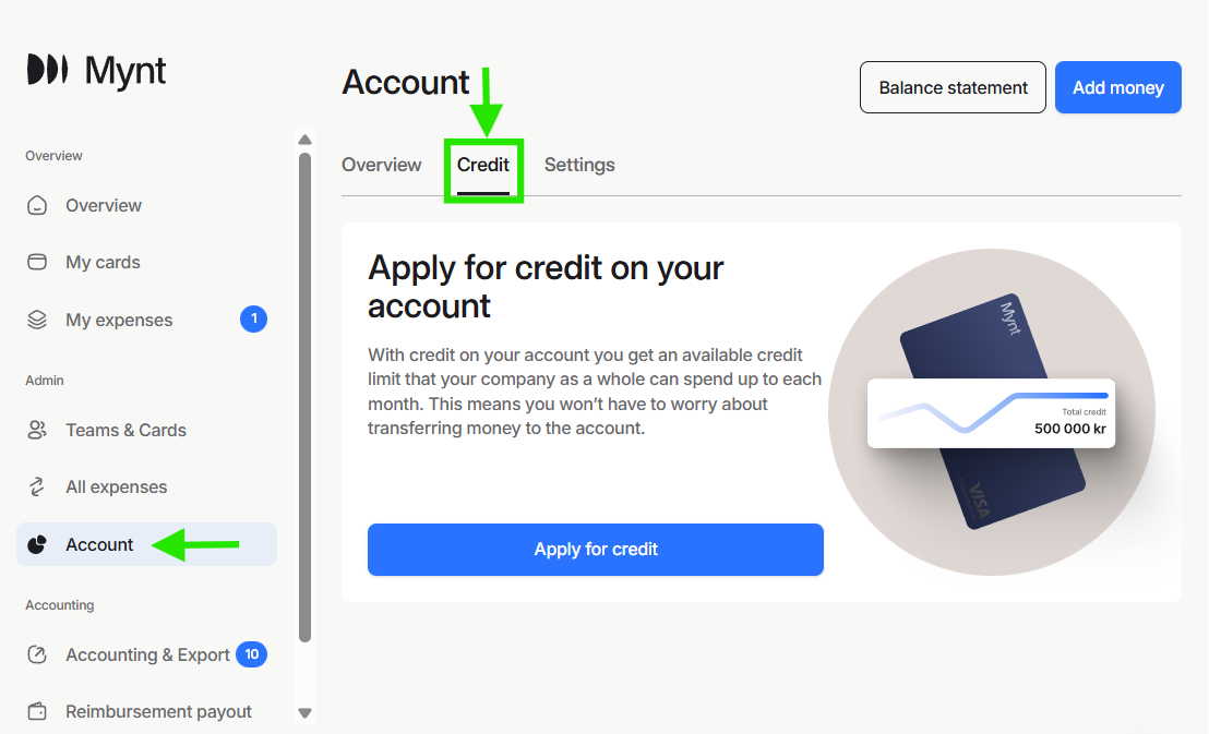 Apply for credit screen in the Mynt app