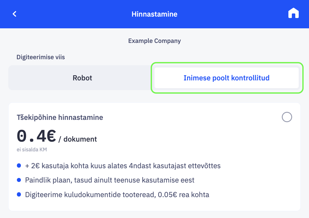 CostPocketi tšekipõhise hinnastamise määramise seadistus.