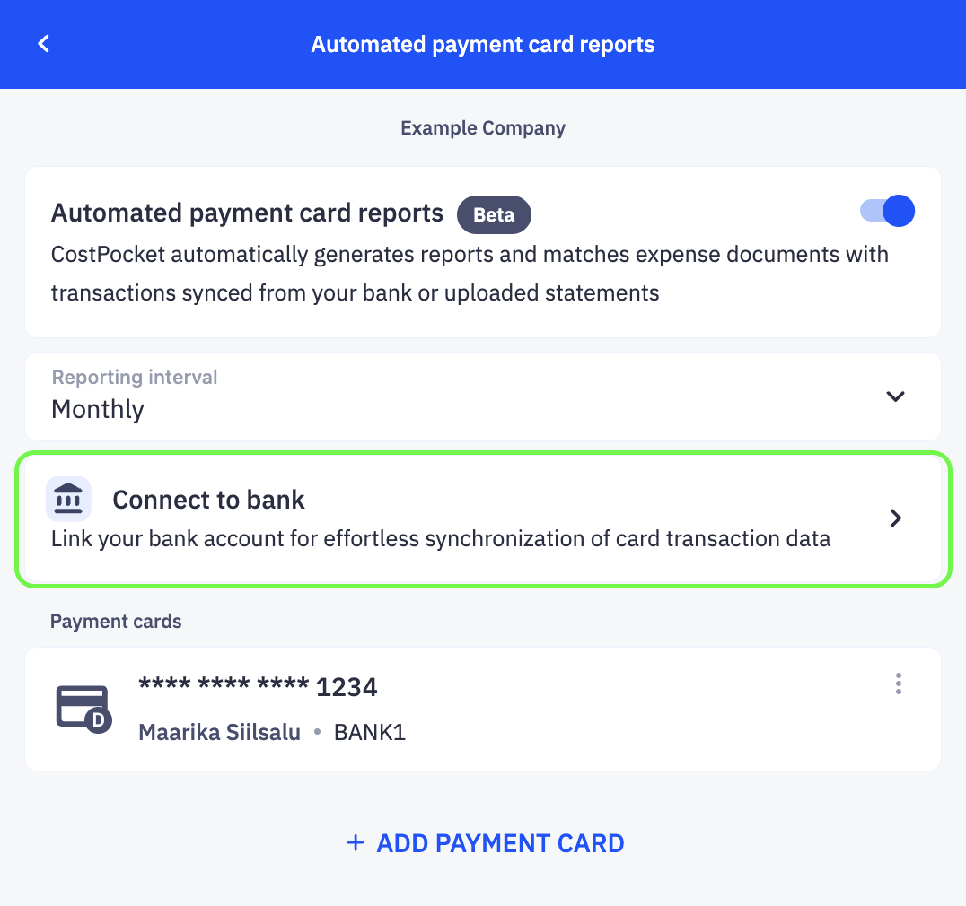 Bank integration setup in CostPocket with a list of supported banks