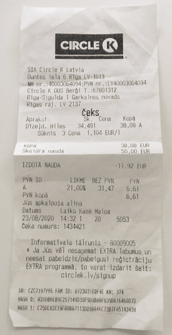 Photographed Circle K fuel receipt from which CostPocket extracted accounting data