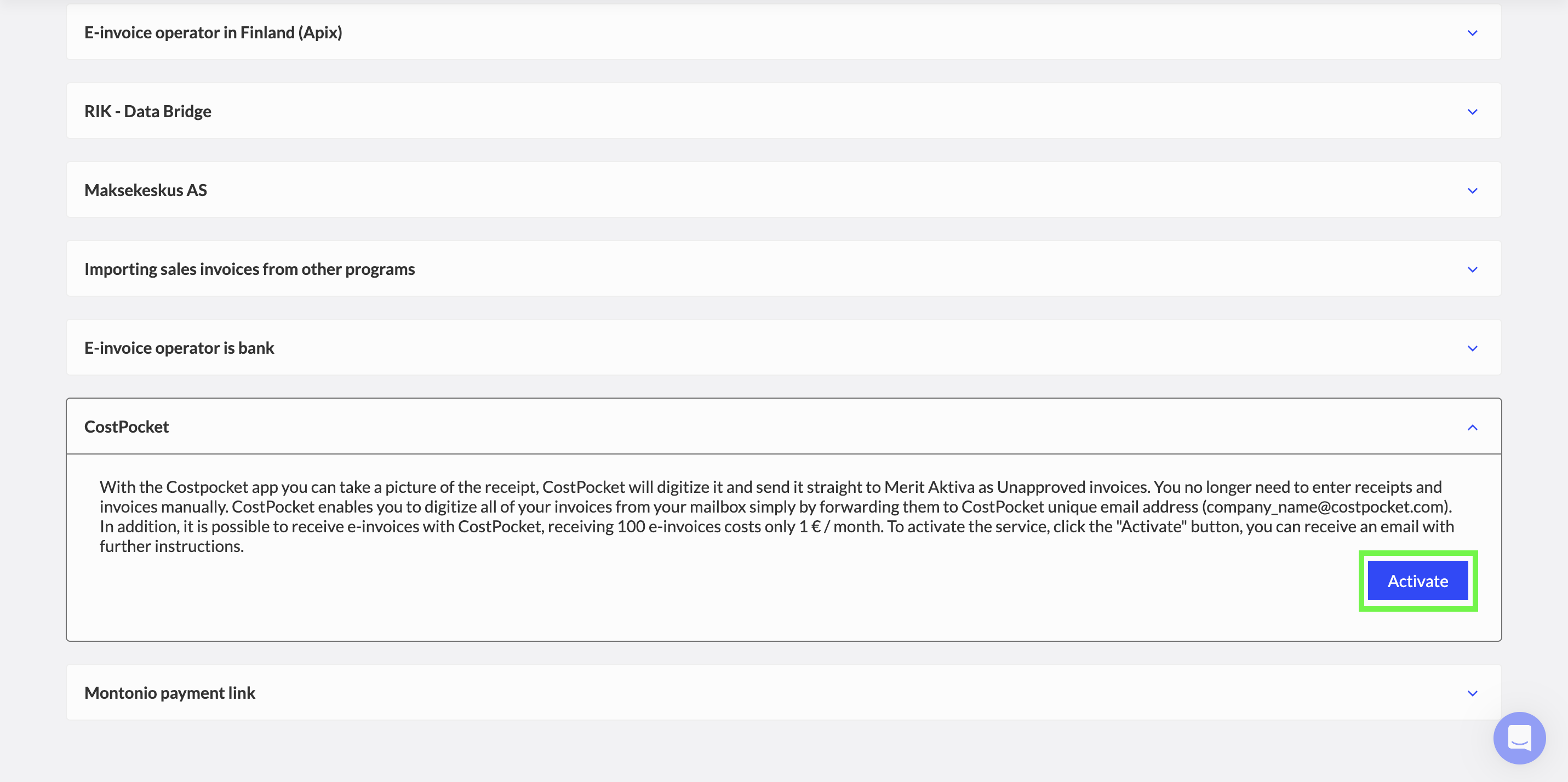 Activate button for the CostPocket integration in Merit Aktiva