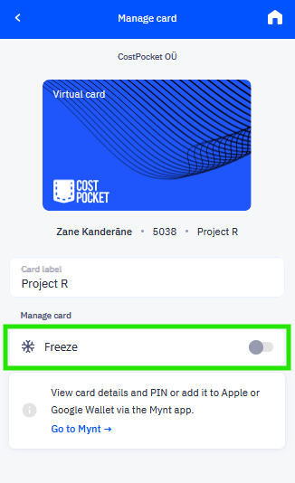 Freeze card button on a card's detail view in the CostPocket app