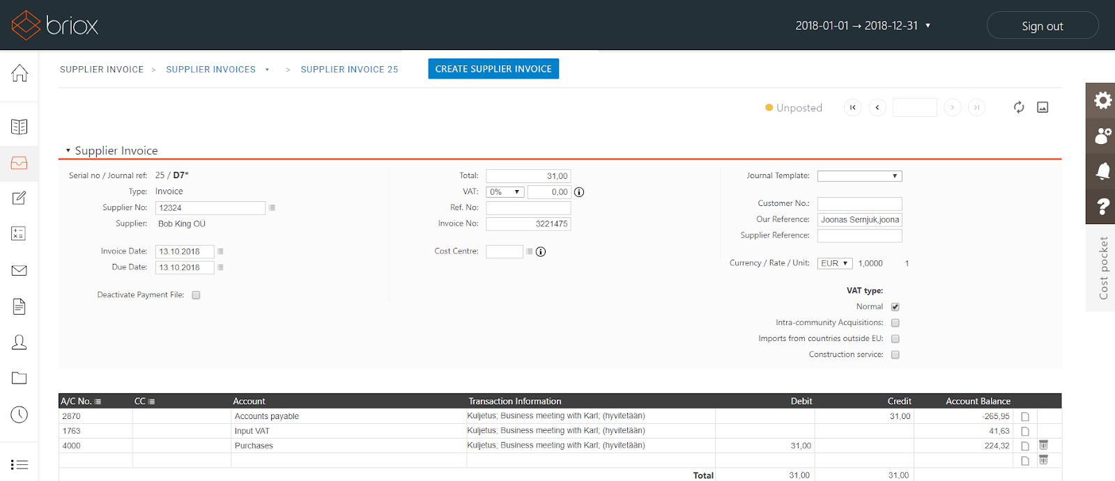 Opened supplier invoice in Briox with the document image icon in the toolbar