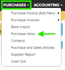Navigation in ERPLY Books to find Purchase Inbox with documents received from CostPocket