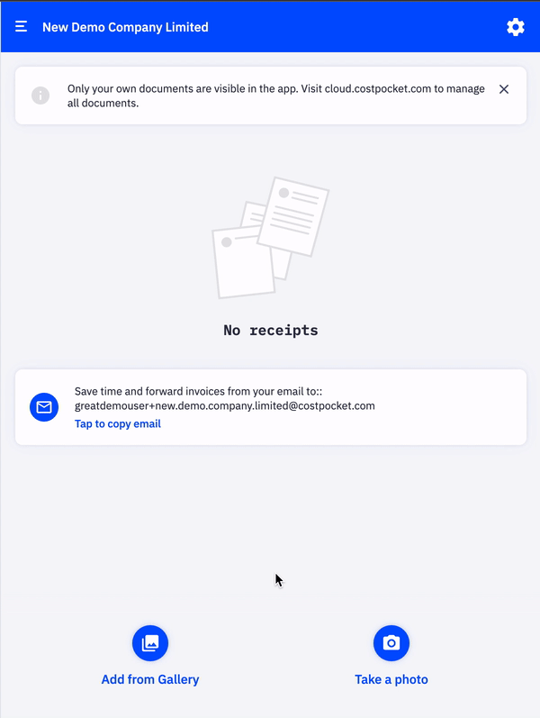 Join organisation screen in the CostPocket app with a company search field