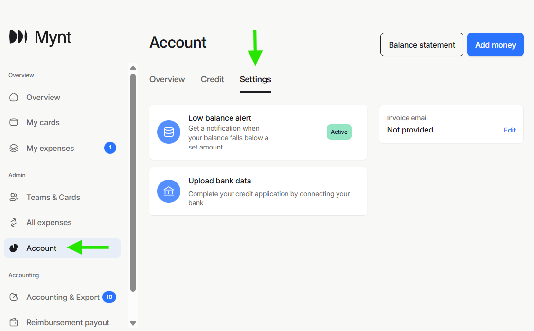 Mynt notification settings with a low-balance alert enabled