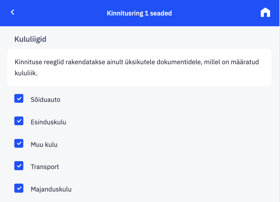 Kinnitatava dokumendi kululiikide valik.