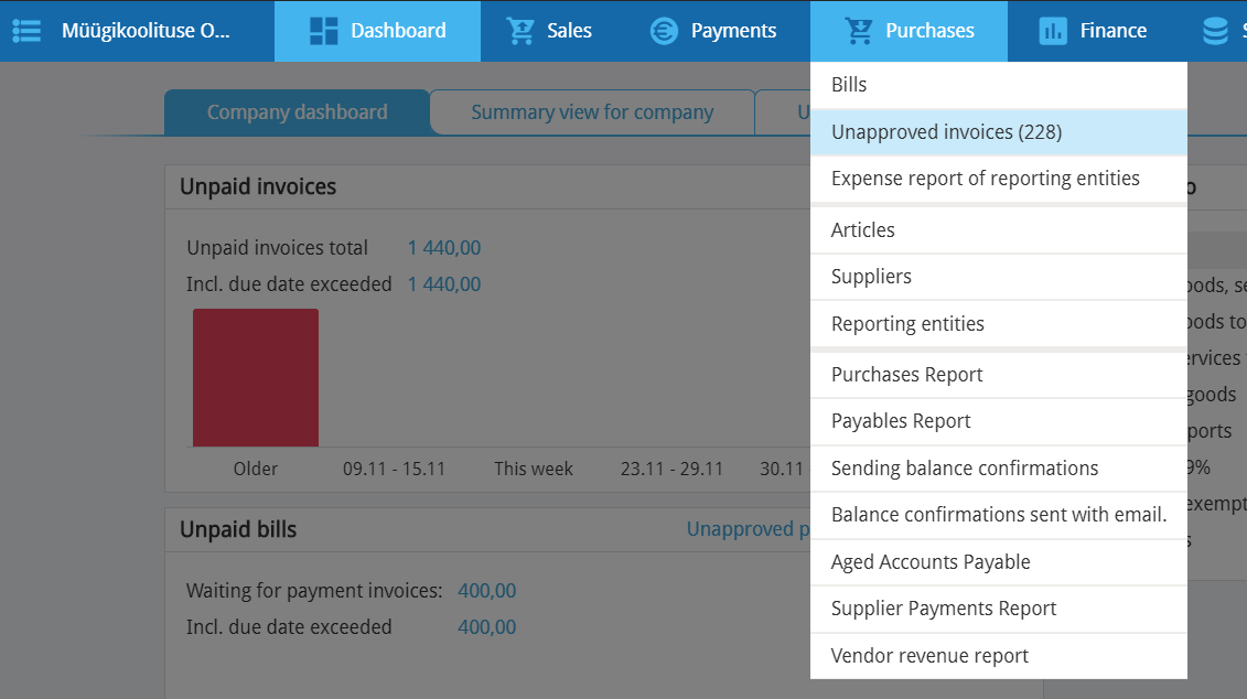 Unapproved invoices list in Merit Aktiva showing documents received from CostPocket