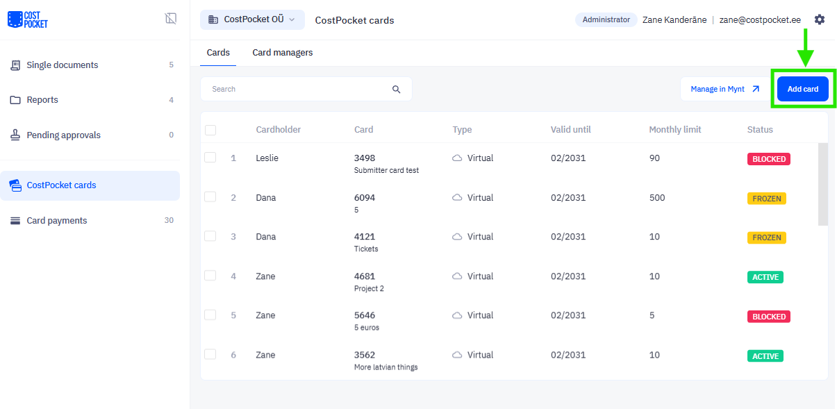 Add card button in CostPocket Cloud
