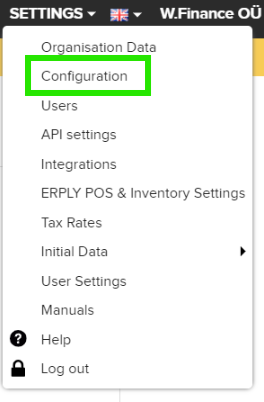 ERPLY Books settings page showing the Configuration button
